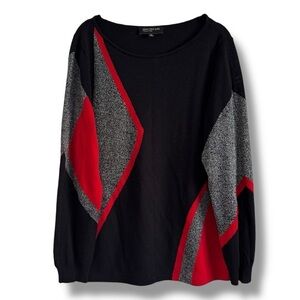 JONES NEW YORK COLLECTION BLACK RED SILVER METALLIC SWEATER KNIT TOP SZ XL